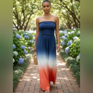 Grace Karin Blue Strapless Ruched Maxi Dress